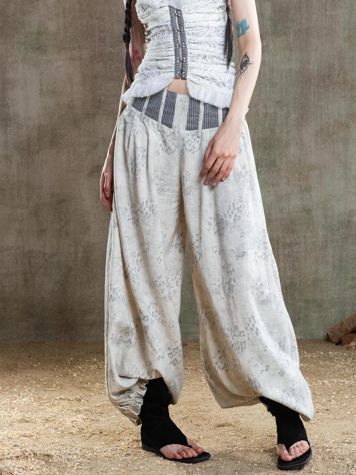 Vintage Fishbone Embellished Low Rise Wide Leg Lantern Pants