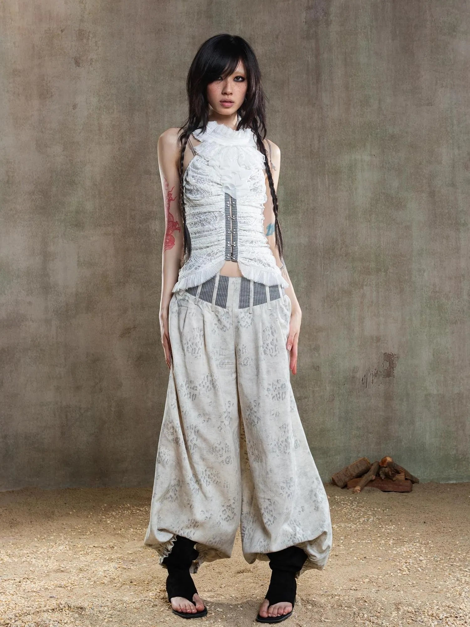 Vintage Fishbone Embellished Low Rise Wide Leg Lantern Pants