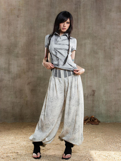 ARIADNAw Vintage Fishbone Embellished Low Rise Wide Leg Lantern Pants