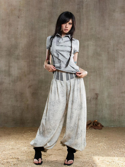 Vintage Fishbone Embellished Low Rise Wide Leg Lantern Pants