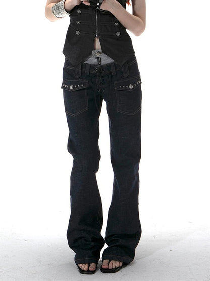 DoublePunch Vintage Flare Denim Jeans With Double Waistband Slim Fit