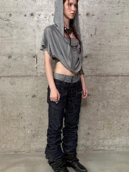 DoublePunch Vintage Flare Denim Jeans With Double Waistband Slim Fit