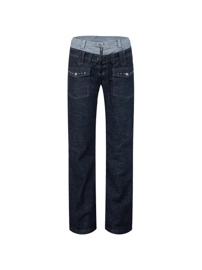 DoublePunch Vintage Flare Denim Jeans With Double Waistband Slim Fit