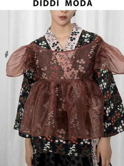 DIDDI MODA Vintage Floral Hanfu Jacket With Bubble Sleeve Overlay