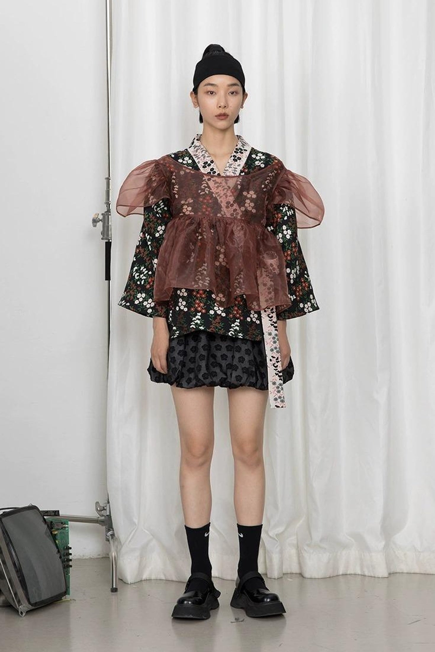DIDDI MODA Vintage Floral Hanfu Jacket With Bubble Sleeve Overlay