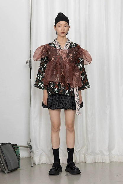 DIDDI MODA Vintage Floral Hanfu Jacket With Bubble Sleeve Overlay