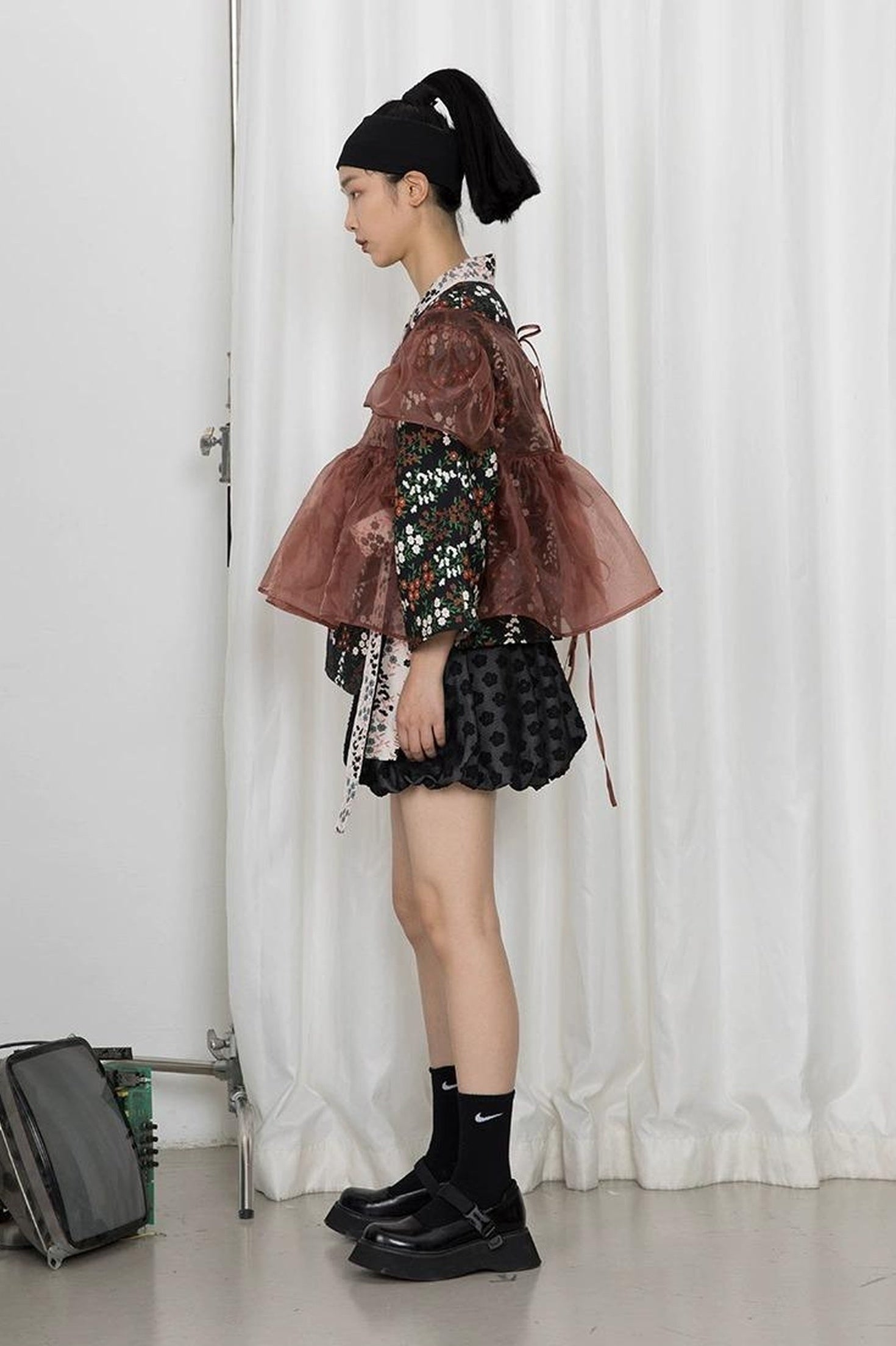 DIDDI MODA Vintage Floral Hanfu Jacket With Bubble Sleeve Overlay