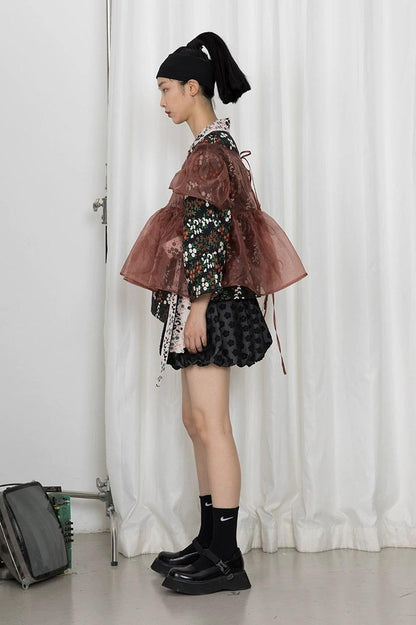 DIDDI MODA Vintage Floral Hanfu Jacket With Bubble Sleeve Overlay
