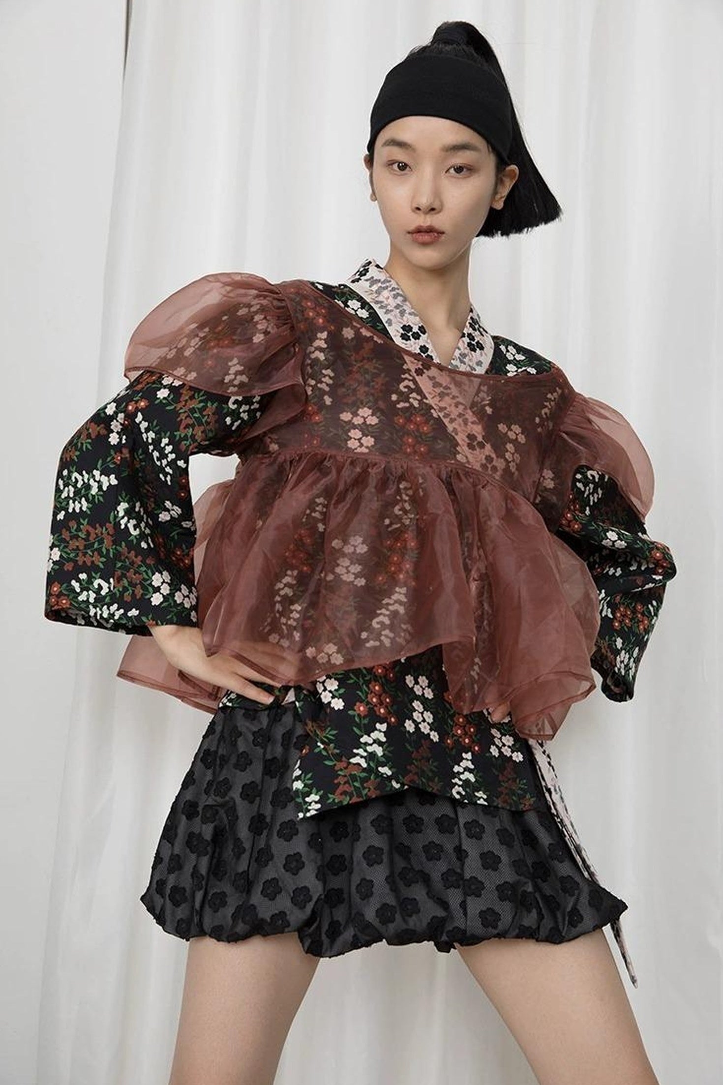 DIDDI MODA Vintage Floral Hanfu Jacket With Bubble Sleeve Overlay