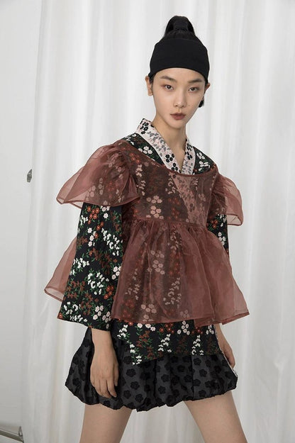 DIDDI MODA Vintage Floral Hanfu Jacket With Bubble Sleeve Overlay