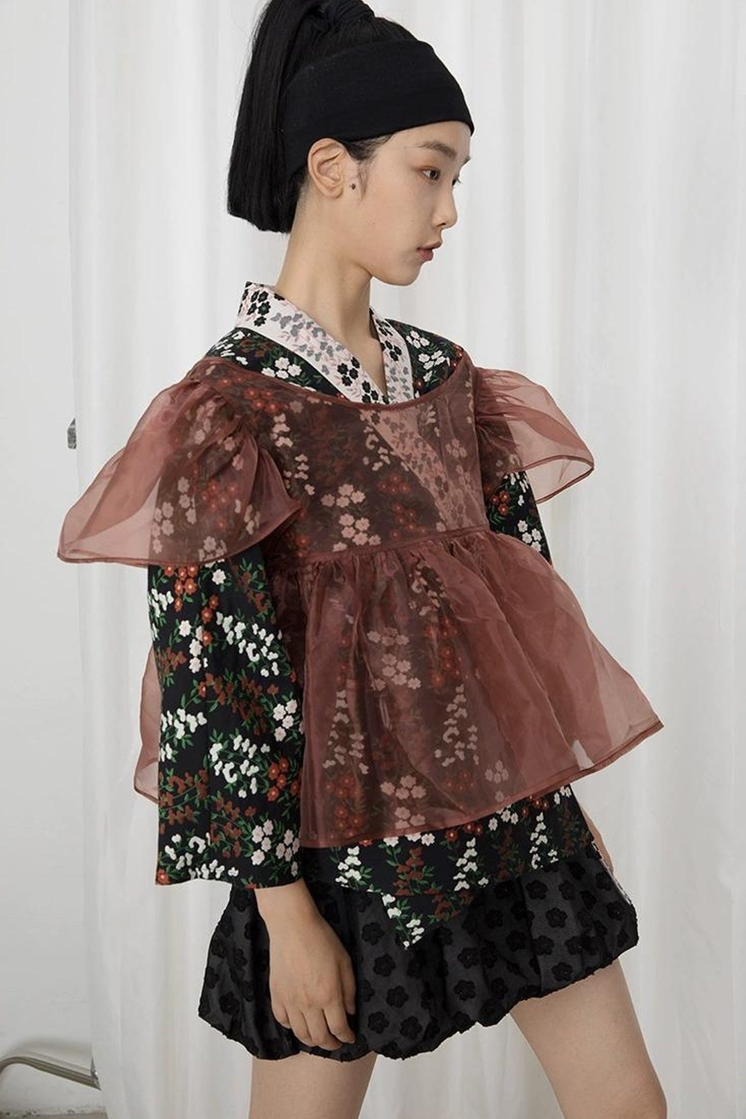 DIDDI MODA Vintage Floral Hanfu Jacket With Bubble Sleeve Overlay