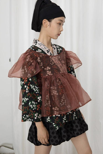 DIDDI MODA Vintage Floral Hanfu Jacket With Bubble Sleeve Overlay
