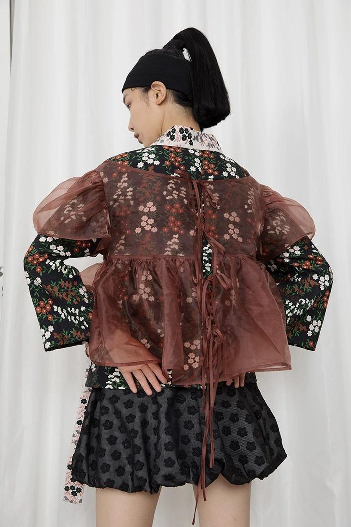 DIDDI MODA Vintage Floral Hanfu Jacket With Bubble Sleeve Overlay