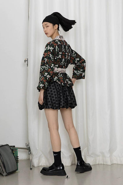 DIDDI MODA Vintage Floral Hanfu Jacket With Bubble Sleeve Overlay