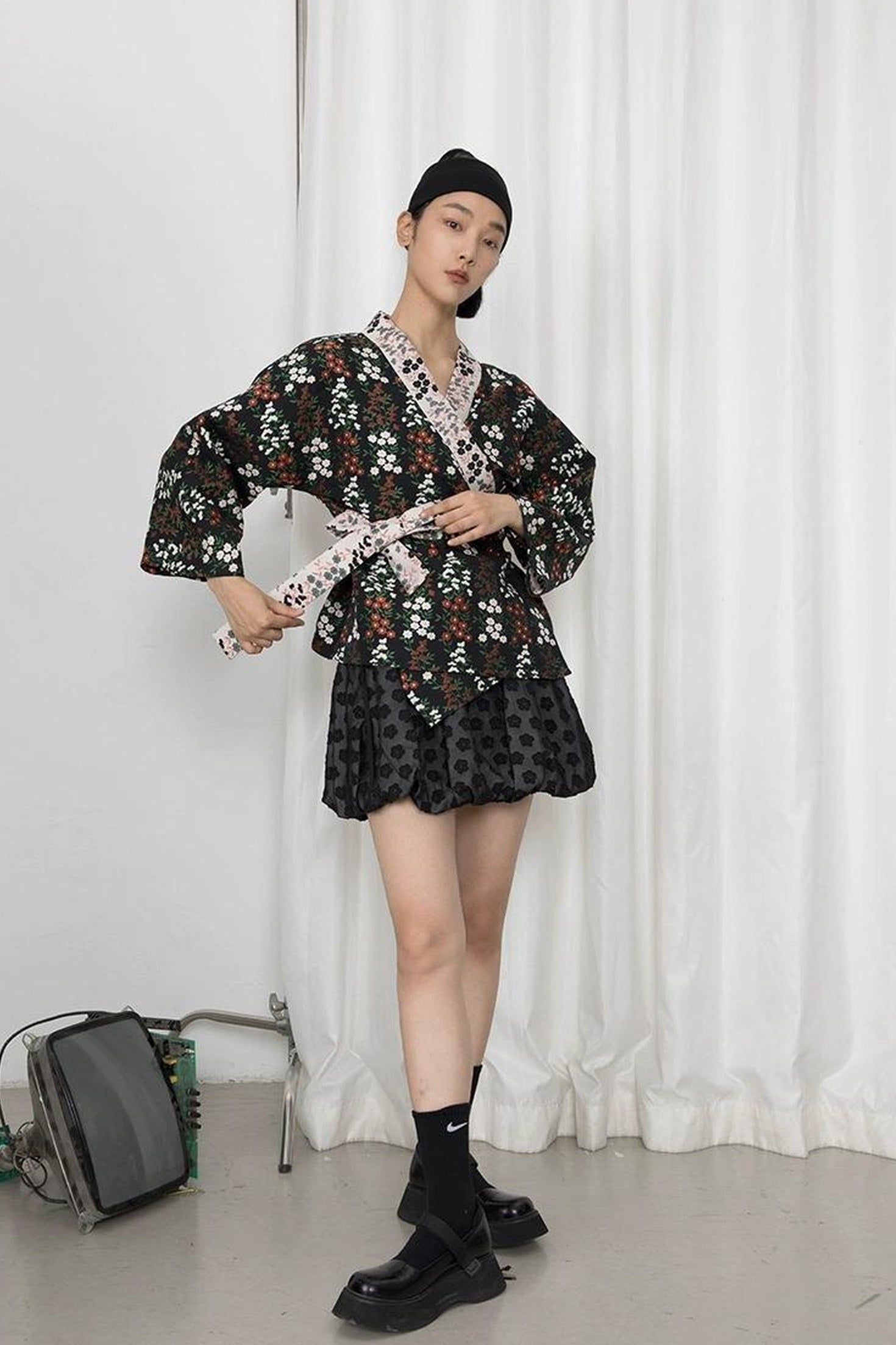 DIDDI MODA Vintage Floral Hanfu Jacket With Bubble Sleeve Overlay