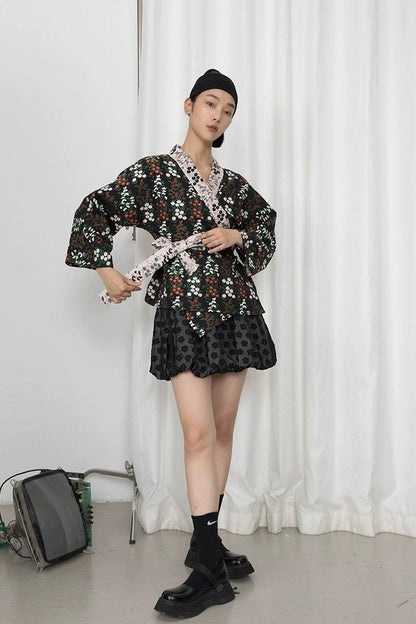 DIDDI MODA Vintage Floral Hanfu Jacket With Bubble Sleeve Overlay