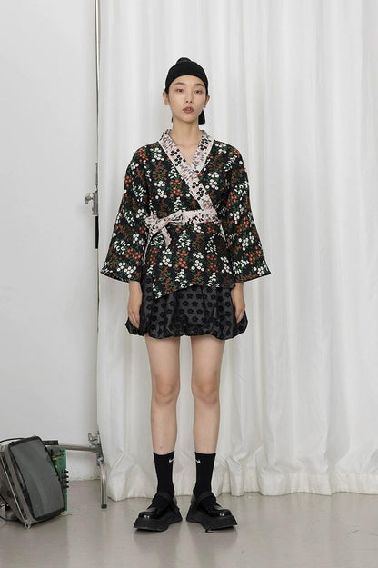 DIDDI MODA Vintage Floral Hanfu Jacket With Bubble Sleeve Overlay