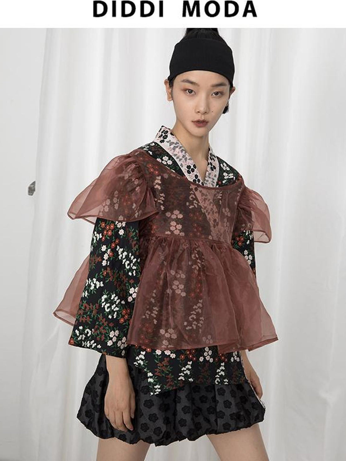 DIDDI MODA Vintage Floral Hanfu Jacket With Bubble Sleeve Overlay