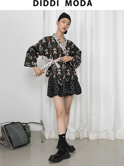 DIDDI MODA Vintage Floral Hanfu Jacket With Bubble Sleeve Overlay