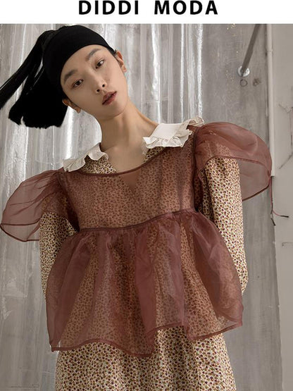 DIDDI MODA Vintage Floral Hanfu Jacket With Bubble Sleeve Overlay