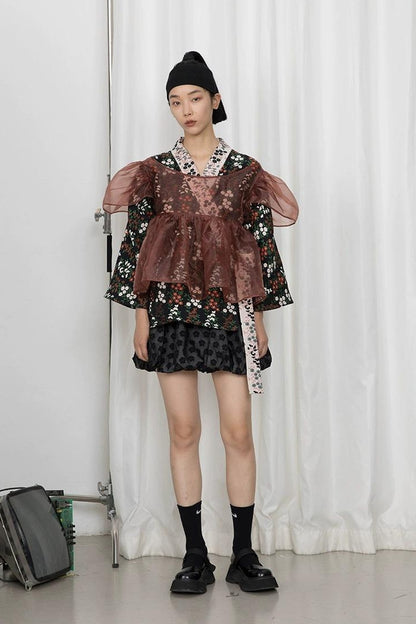 DIDDI MODA Vintage Floral Hanfu Jacket With Bubble Sleeve Overlay