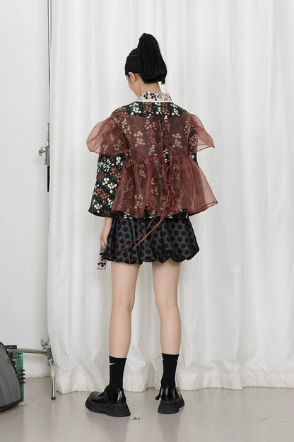 DIDDI MODA Vintage Floral Hanfu Jacket With Bubble Sleeve Overlay