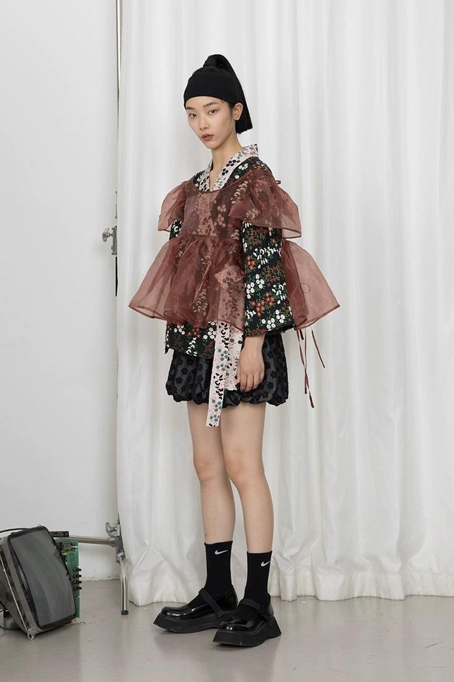 DIDDI MODA Vintage Floral Hanfu Jacket With Bubble Sleeve Overlay