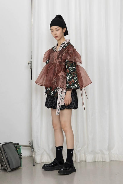 DIDDI MODA Vintage Floral Hanfu Jacket With Bubble Sleeve Overlay