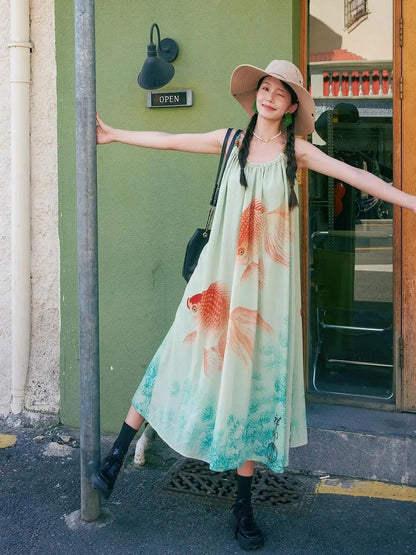 Vintage Floral Print Boho Chiffon Maxi Dress