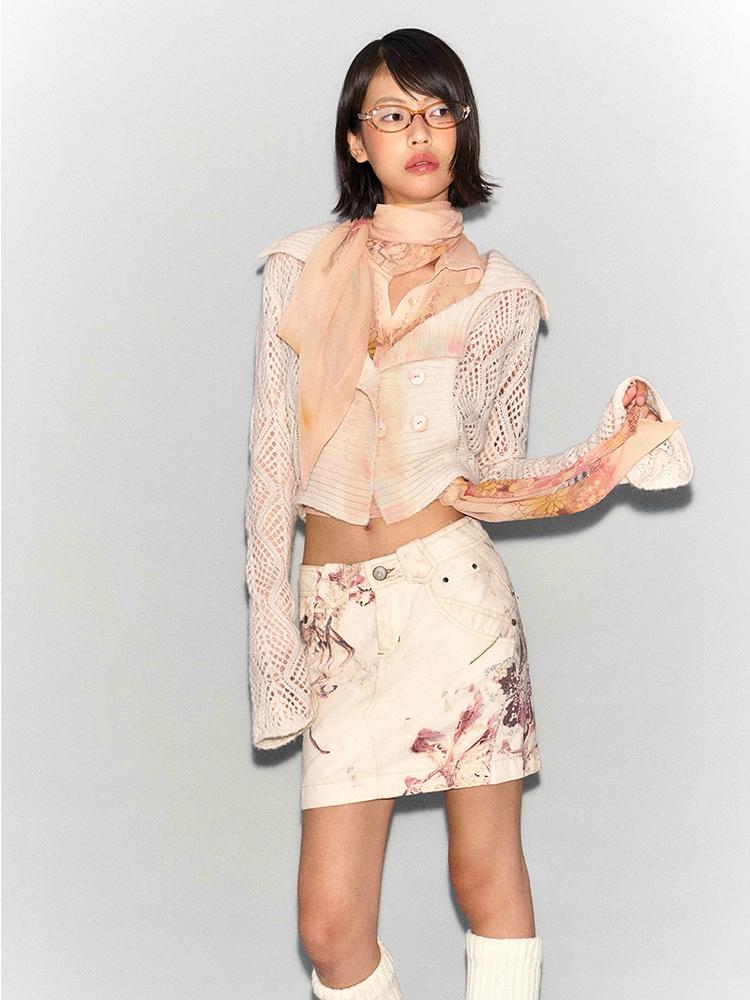 Flowers birds Market Vintage Floral Print Denim Midi Skirt