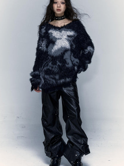 Vintage Fluffy Knit Sweater Loose Pullover for Women Winter