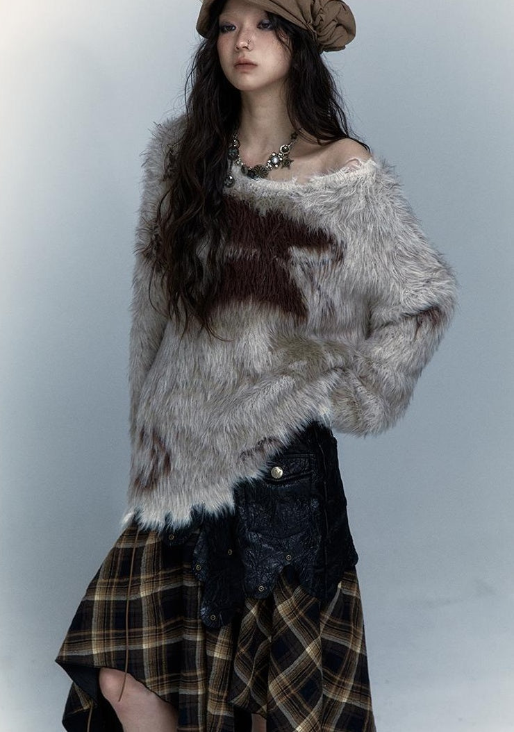 Vintage Fluffy Knit Sweater Loose Pullover for Women Winter