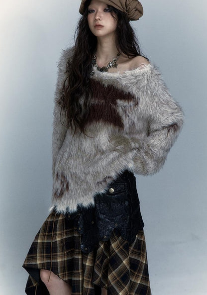 Vintage Fluffy Knit Sweater Loose Pullover for Women Winter
