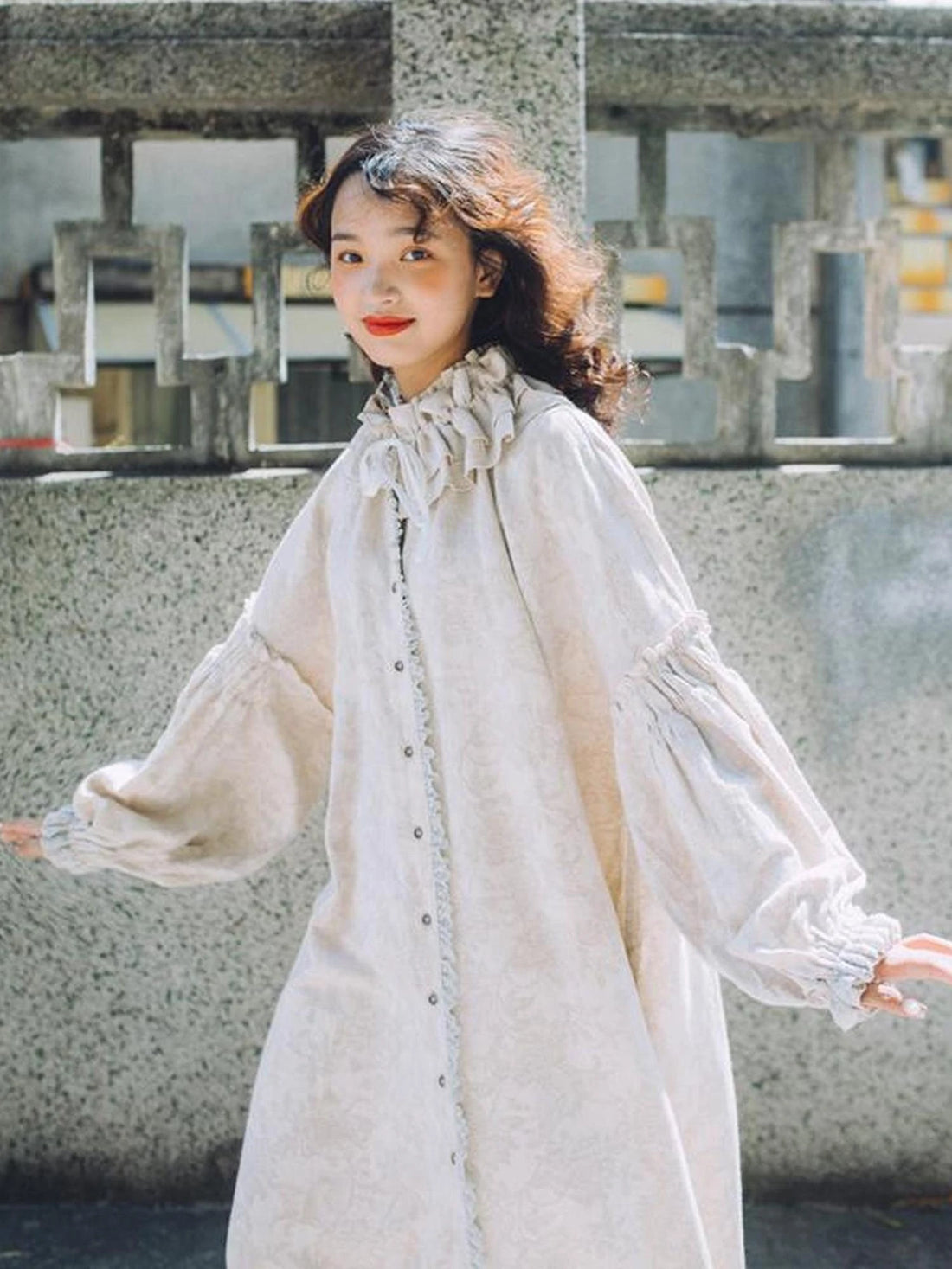 Vintage French Honey Lace Cotton Linen Dress Free Size Autumn Winter