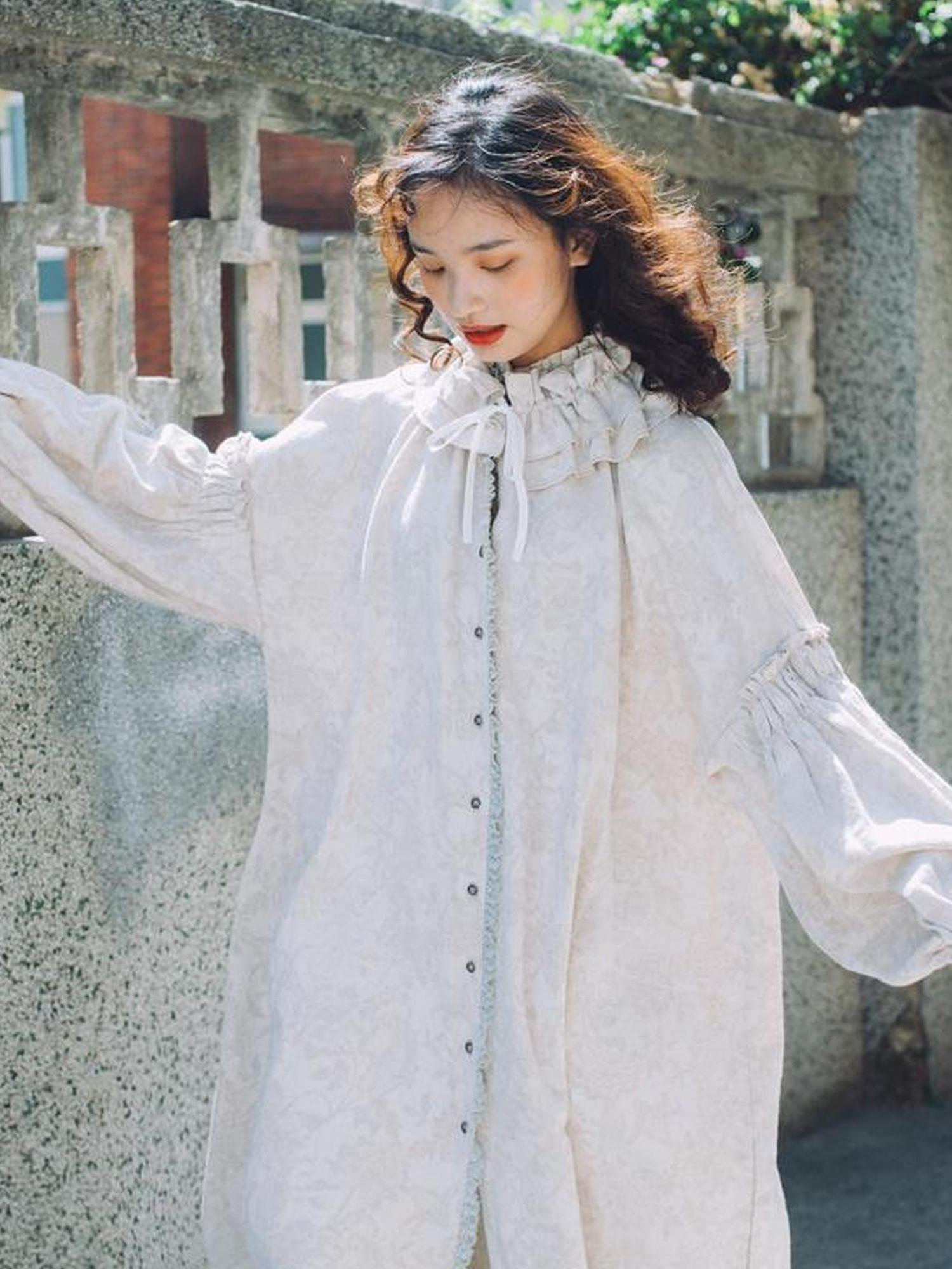 Sweet Mi Vintage French Honey Lace Cotton Linen Dress Free Size Autumn Winter