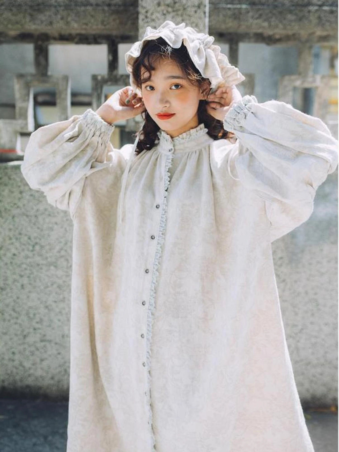 Vintage French Honey Lace Cotton Linen Dress Free Size Autumn Winter