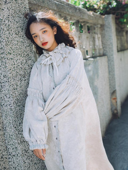 Sweet Mi Vintage French Honey Lace Cotton Linen Dress Free Size Autumn Winter