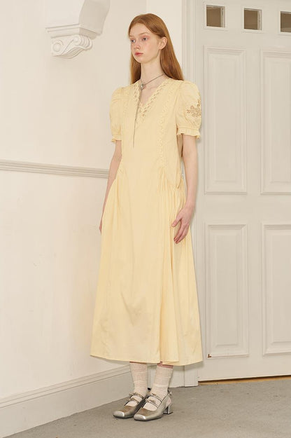 DIDDI MODA Vintage French Puff Sleeve Lace Trim Embroidered Maxi Dress