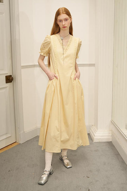 Vintage French Puff Sleeve Lace Trim Embroidered Maxi Dress