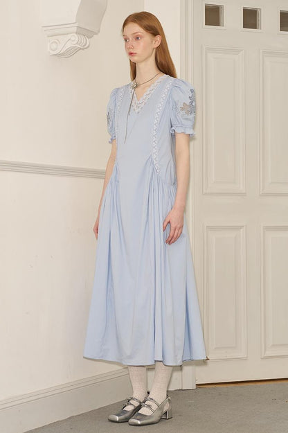DIDDI MODA Vintage French Puff Sleeve Lace Trim Embroidered Maxi Dress
