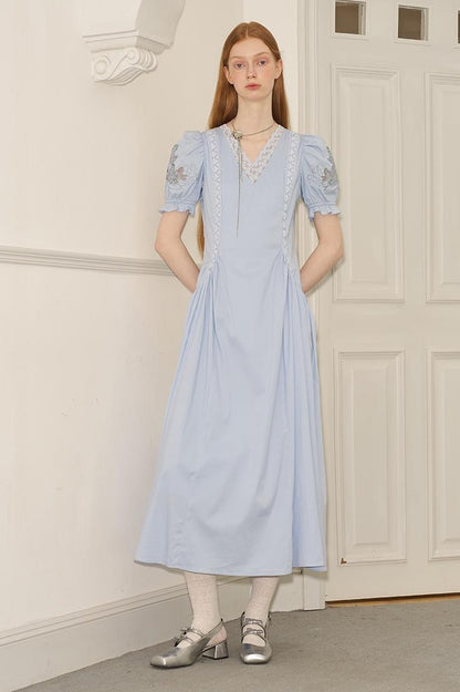 DIDDI MODA Vintage French Puff Sleeve Lace Trim Embroidered Maxi Dress