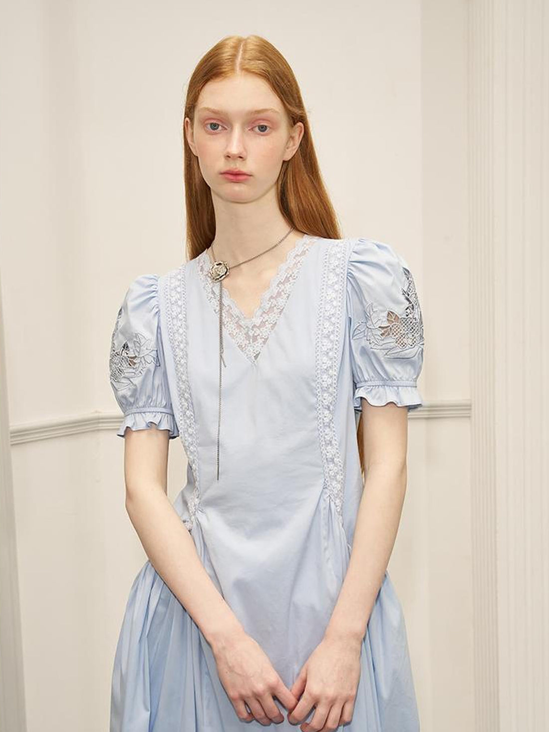 DIDDI MODA Vintage French Puff Sleeve Lace Trim Embroidered Maxi Dress