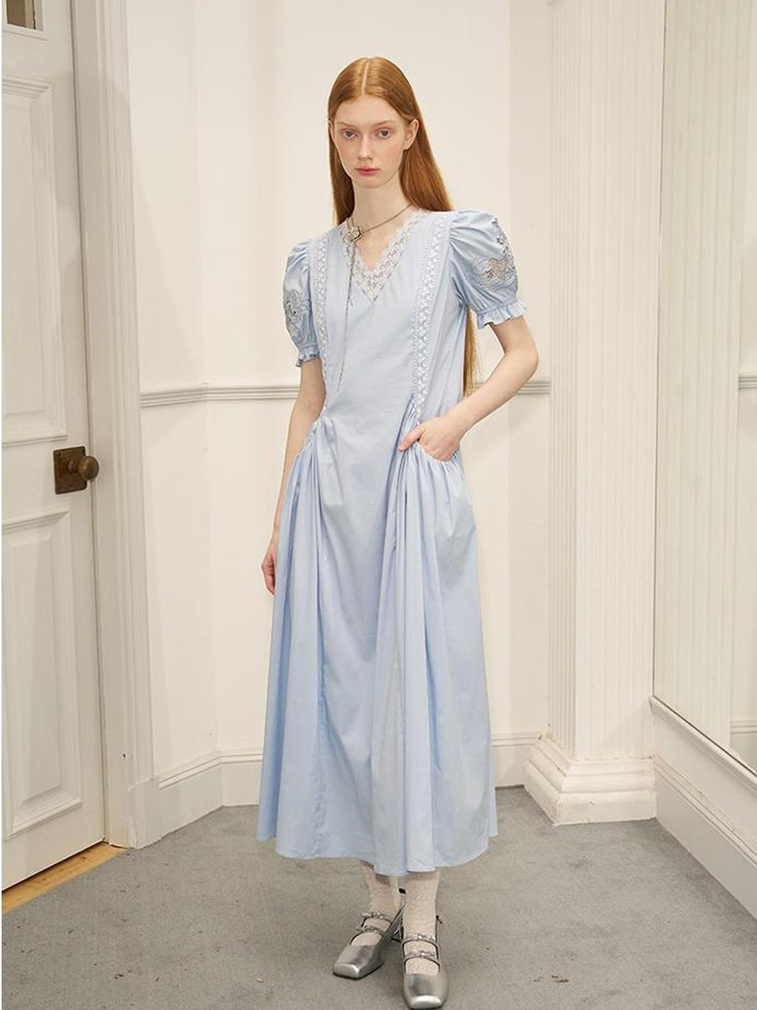 DIDDI MODA Vintage French Puff Sleeve Lace Trim Embroidered Maxi Dress