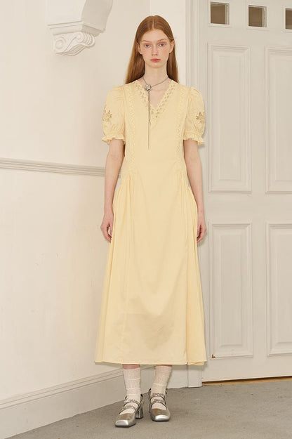 DIDDI MODA Vintage French Puff Sleeve Lace Trim Embroidered Maxi Dress