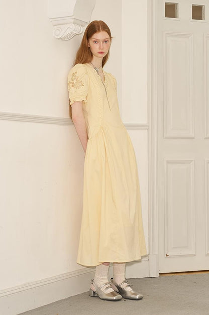 DIDDI MODA Vintage French Puff Sleeve Lace Trim Embroidered Maxi Dress