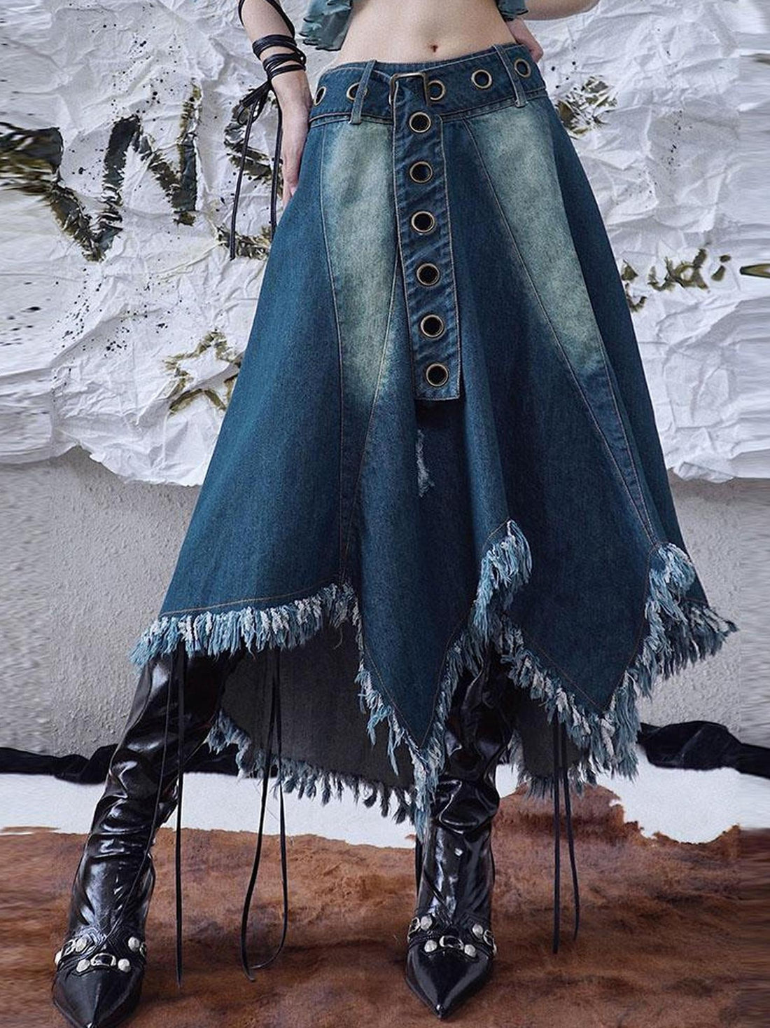 WSW WUSHENWU Vintage Fringe Raw Hem Denim Skirt Free Spirit Industrial Chic