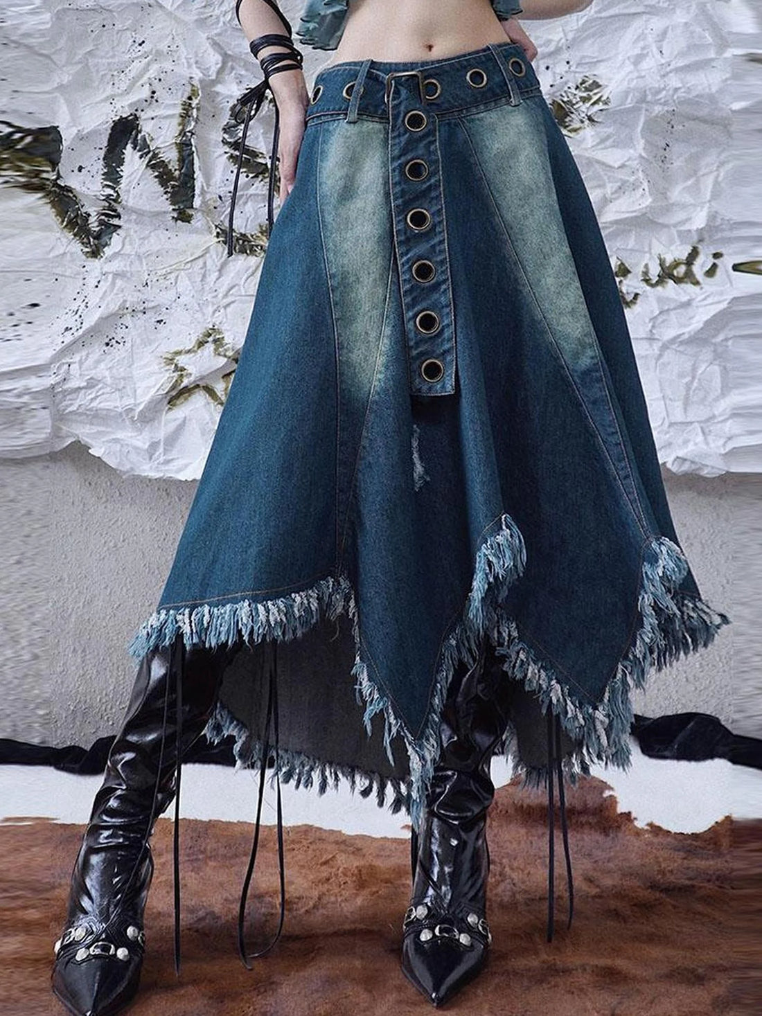 Vintage Fringe Raw Hem Denim Skirt Free Spirit Industrial Chic