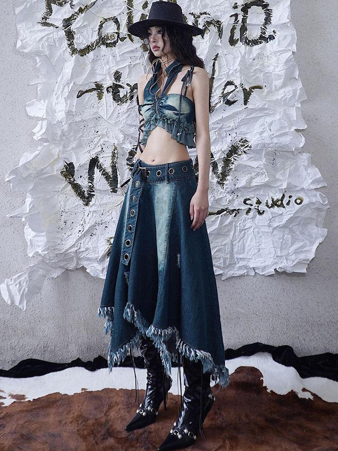 WSW WUSHENWU Vintage Fringe Raw Hem Denim Skirt Free Spirit Industrial Chic