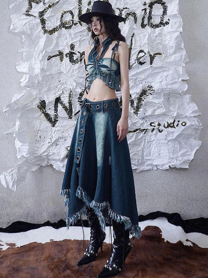 Vintage Fringe Raw Hem Denim Skirt Free Spirit Industrial Chic