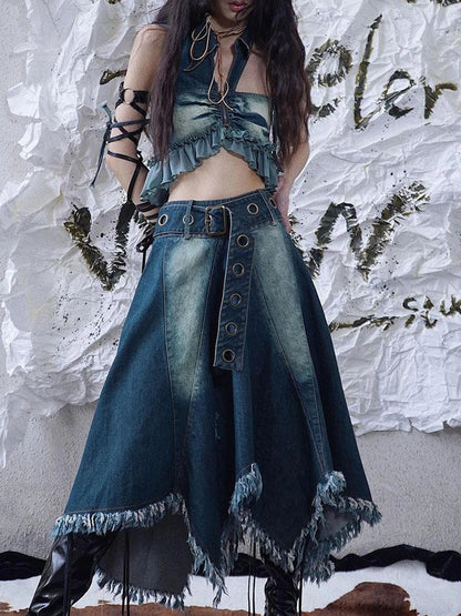 Vintage Fringe Raw Hem Denim Skirt Free Spirit Industrial Chic